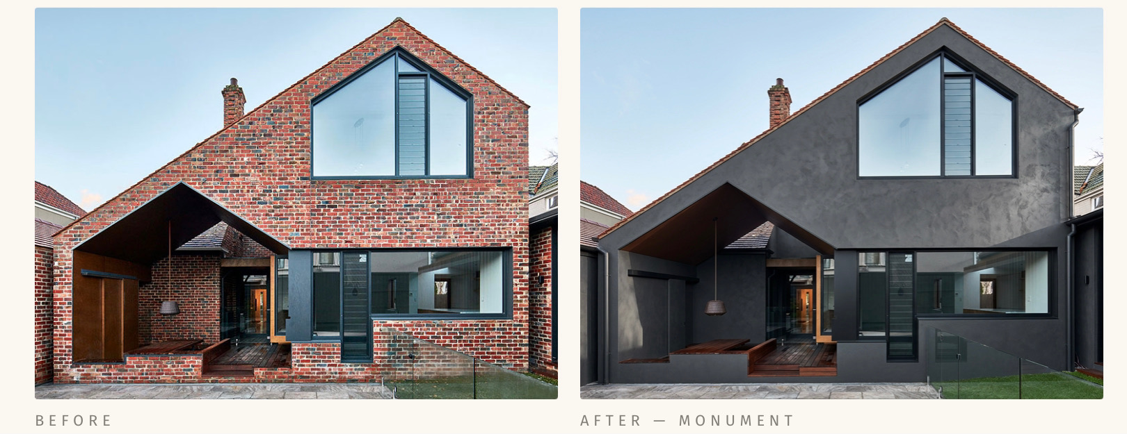 Before and after architectural render transformation — raw brick to Monument finish